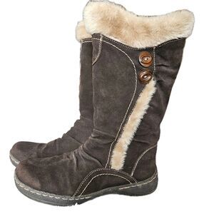 Bass Brown Suede Boots Ladies 8 Zip Side Button Accent Faux Fur Winter Hike Boho